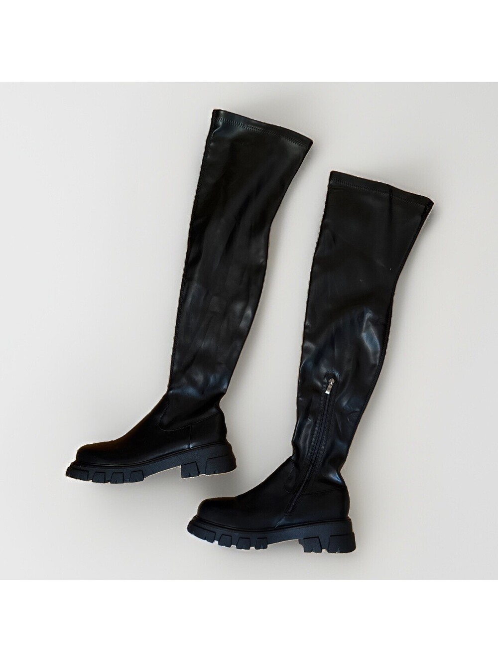 New Black Lug Sole Platform Combat Biker Over The Knee Boots Ladies 11.5